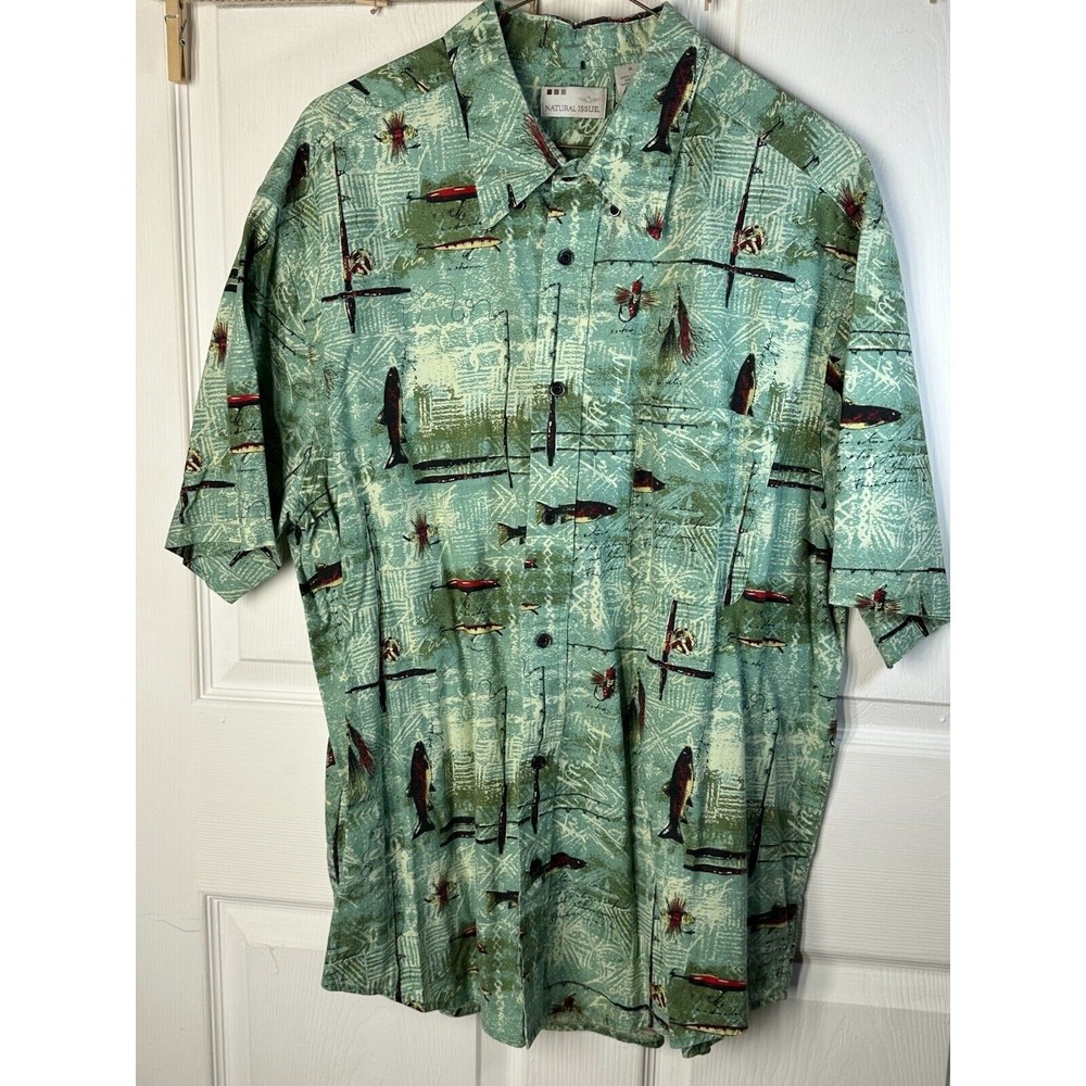 Natural Issue Button Up Shirt Men's XL Fishing Lures and Fishing Themed Green